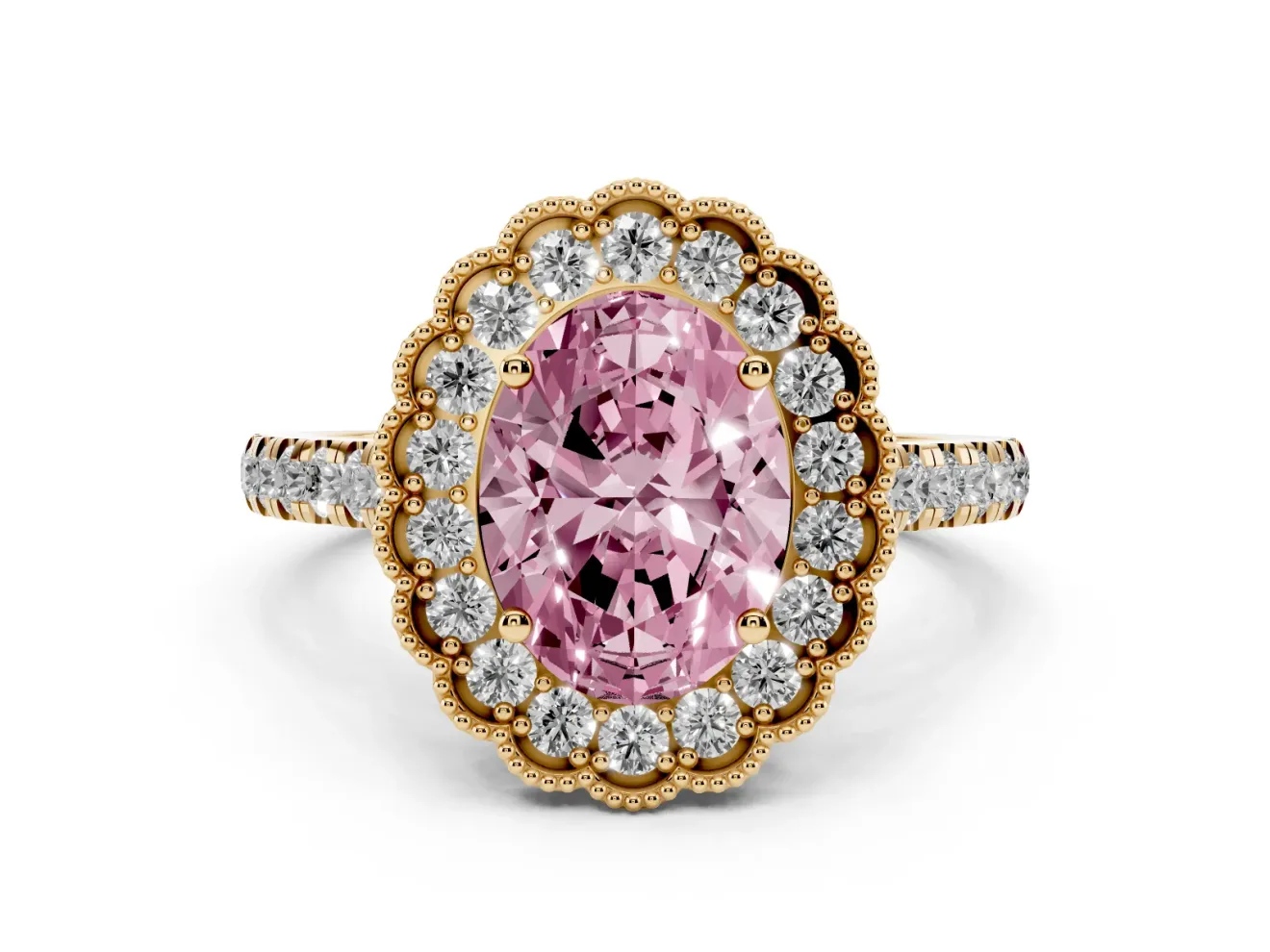 Fancy Pink Oval Cut Diamond Milgrain Floral Halo Engagement Ring Set in Yellow gold with Pavé Band