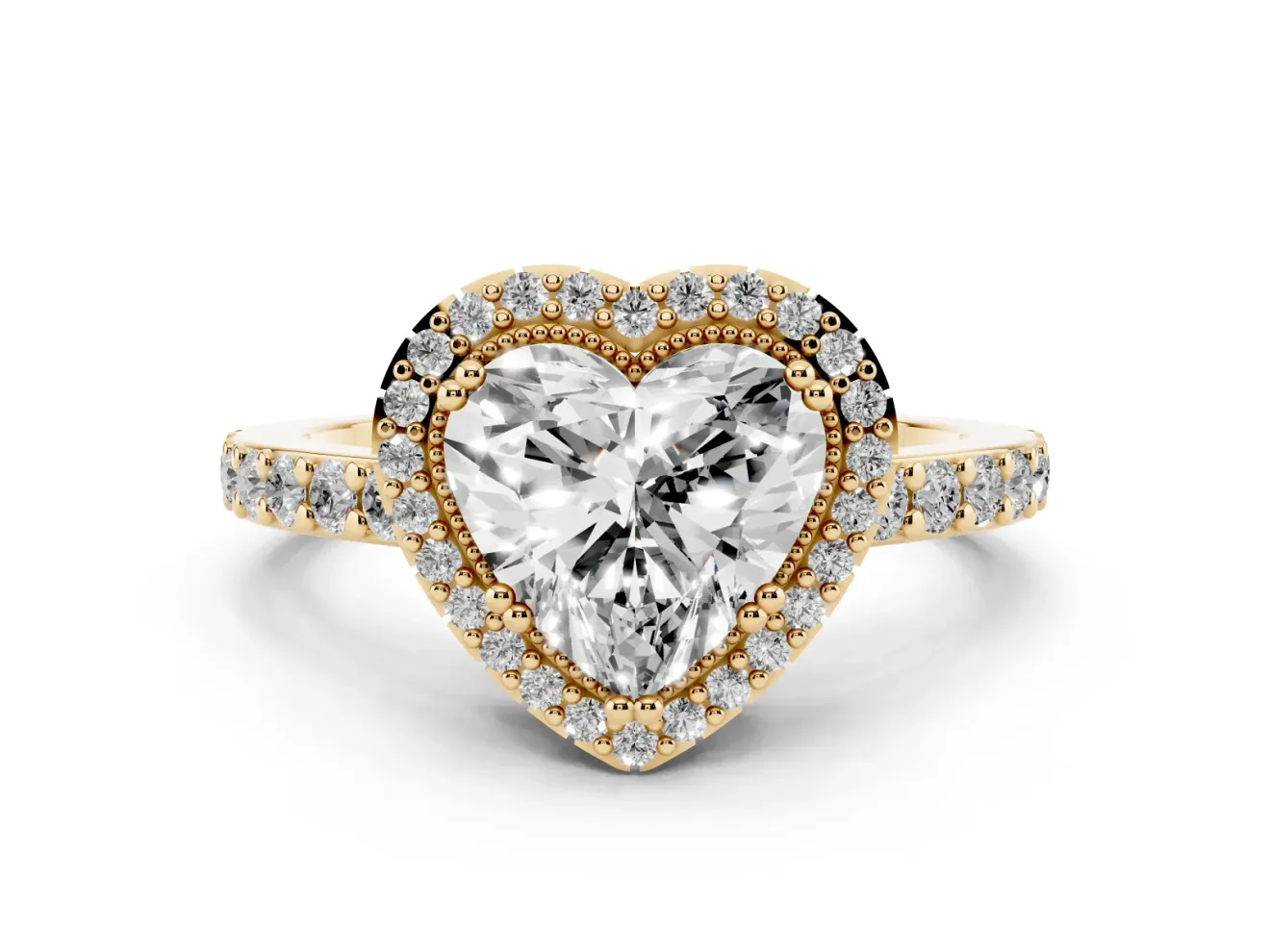 Heart Cut Diamond Halo Engagement Ring Set in Yellow gold with Milgrain Detail and Pavé Band
