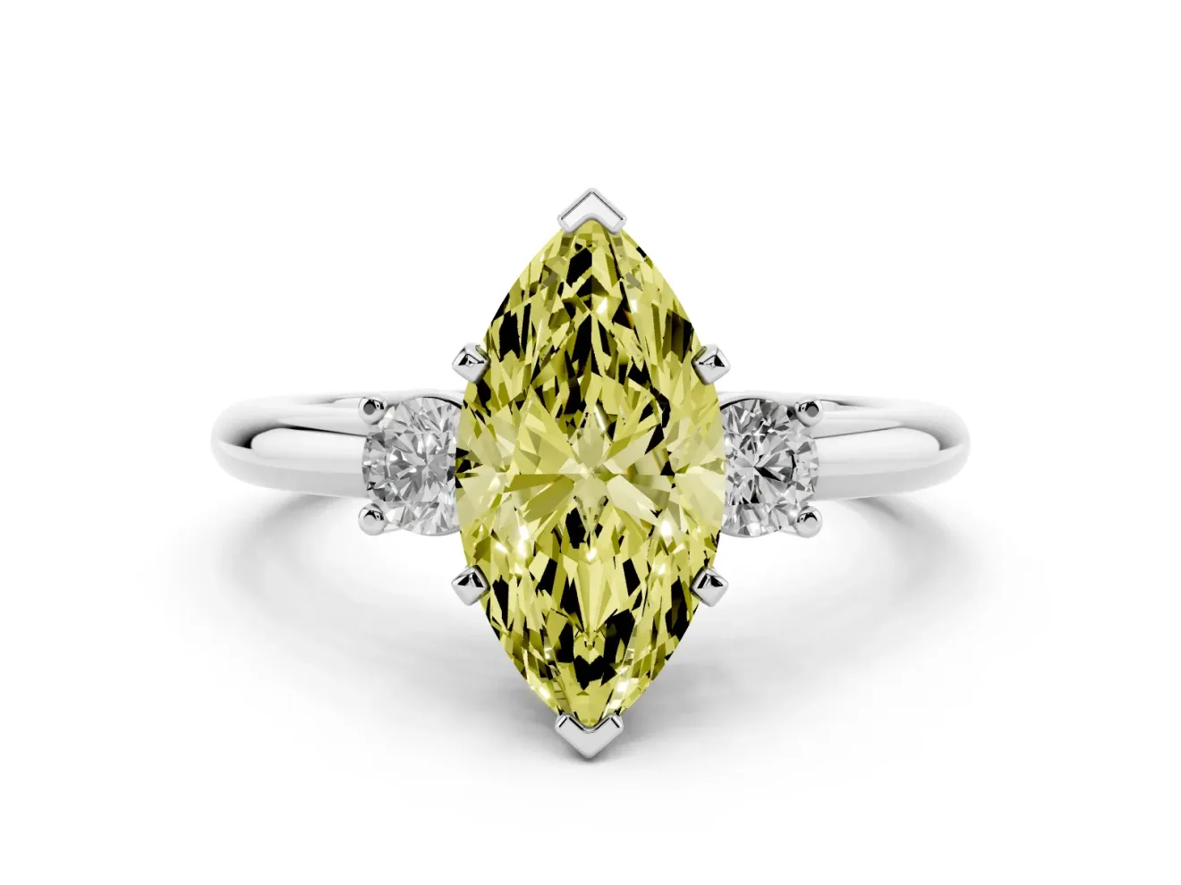 Fancy Yellow Three-Stone Marquise Cut Diamond Ring Set in Silver with Prong Setting and Plain Band