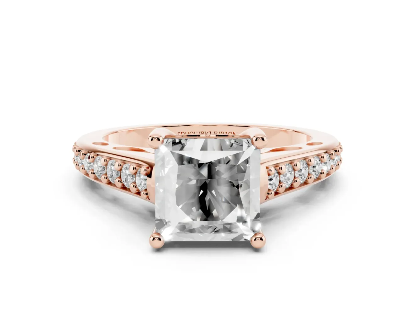 Princess Cut Graduated Pave Cathedral Engagement Ring Setting | Scroll Cut-Outs | Rose Gold