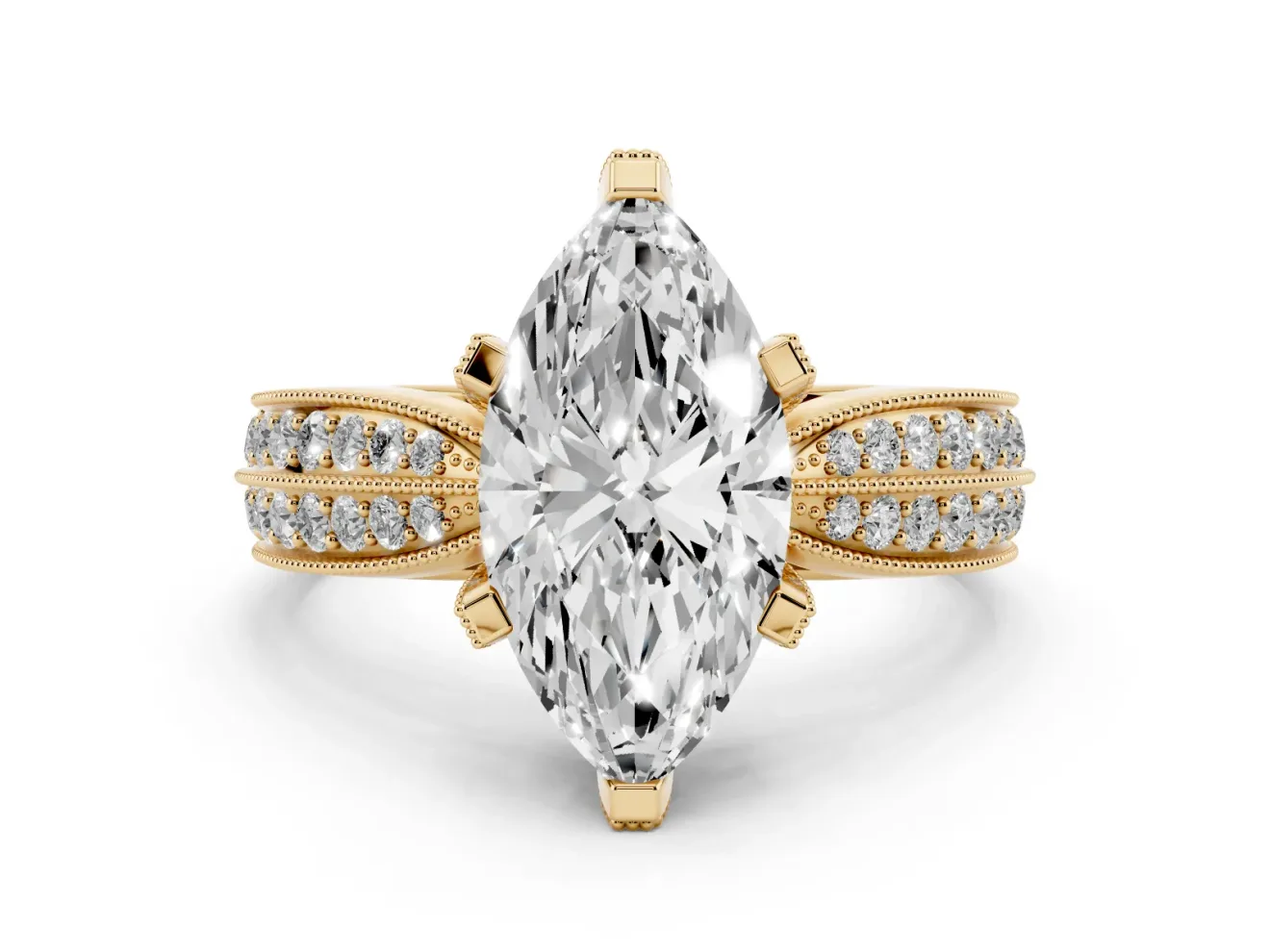 Marquise Milgrain Solitaire Engagement Ring Setting | Graduated Double Row Pave | Yellow Gold