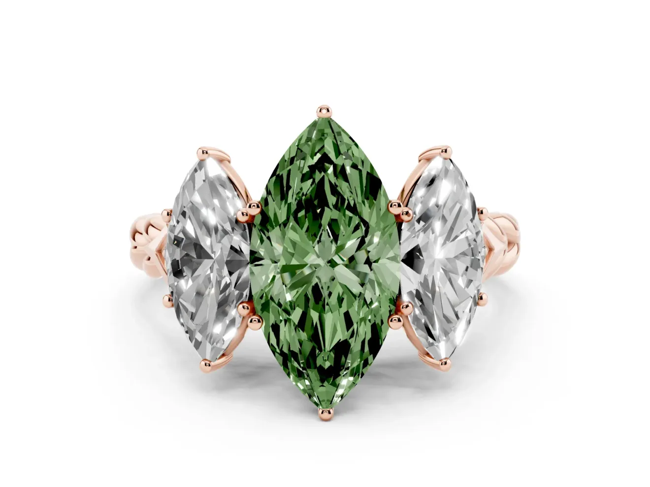Fancy Green Marquise Cut Diamond Three-Stone Ring Set in Rose gold with Braided Band