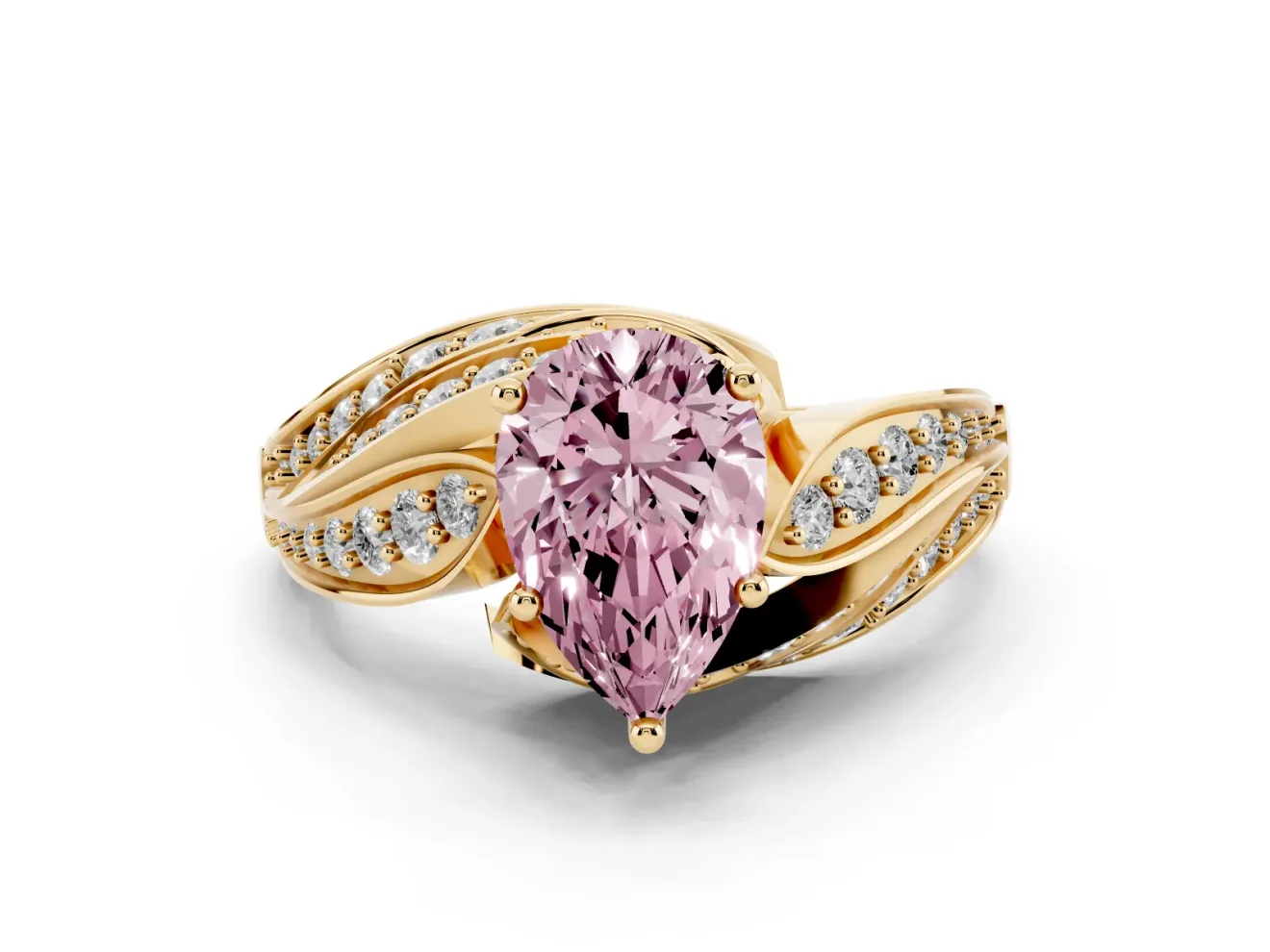 Fancy Pink Pear Cut Diamond Solitaire Ring Set in Yellow gold with Layered Twist Pavé Band