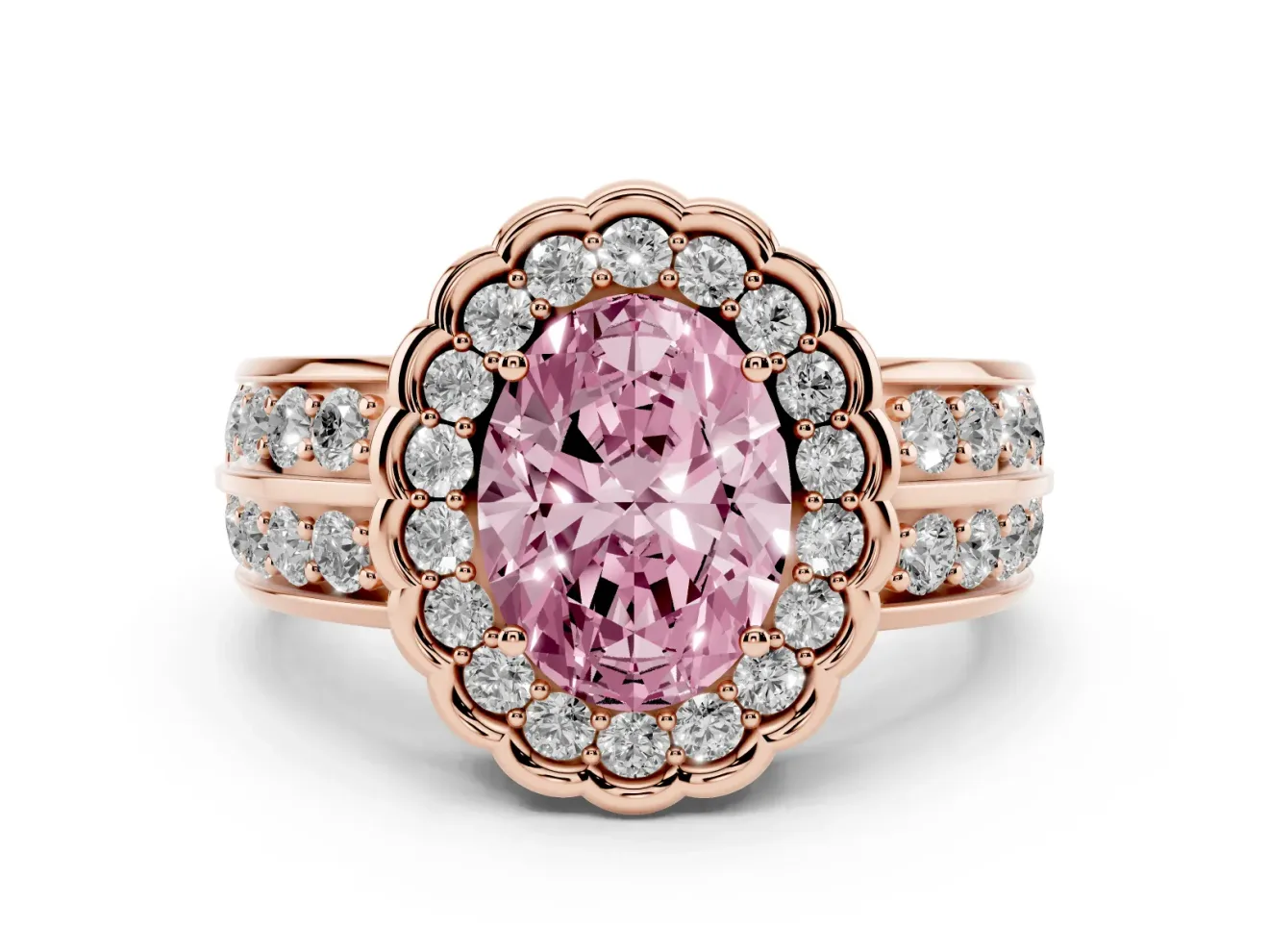 Oval Scalloped Halo Engagement Ring Setting for a Fancy Pink Lab-Grown Diamond | Double Row Band | Rose Gold