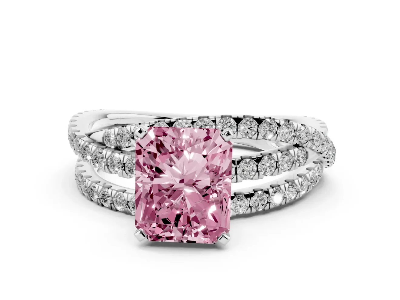 Fancy Pink Radiant Cut Diamond Solitaire Twist Band Ring Set in White gold with Pavé Setting and Prong Head