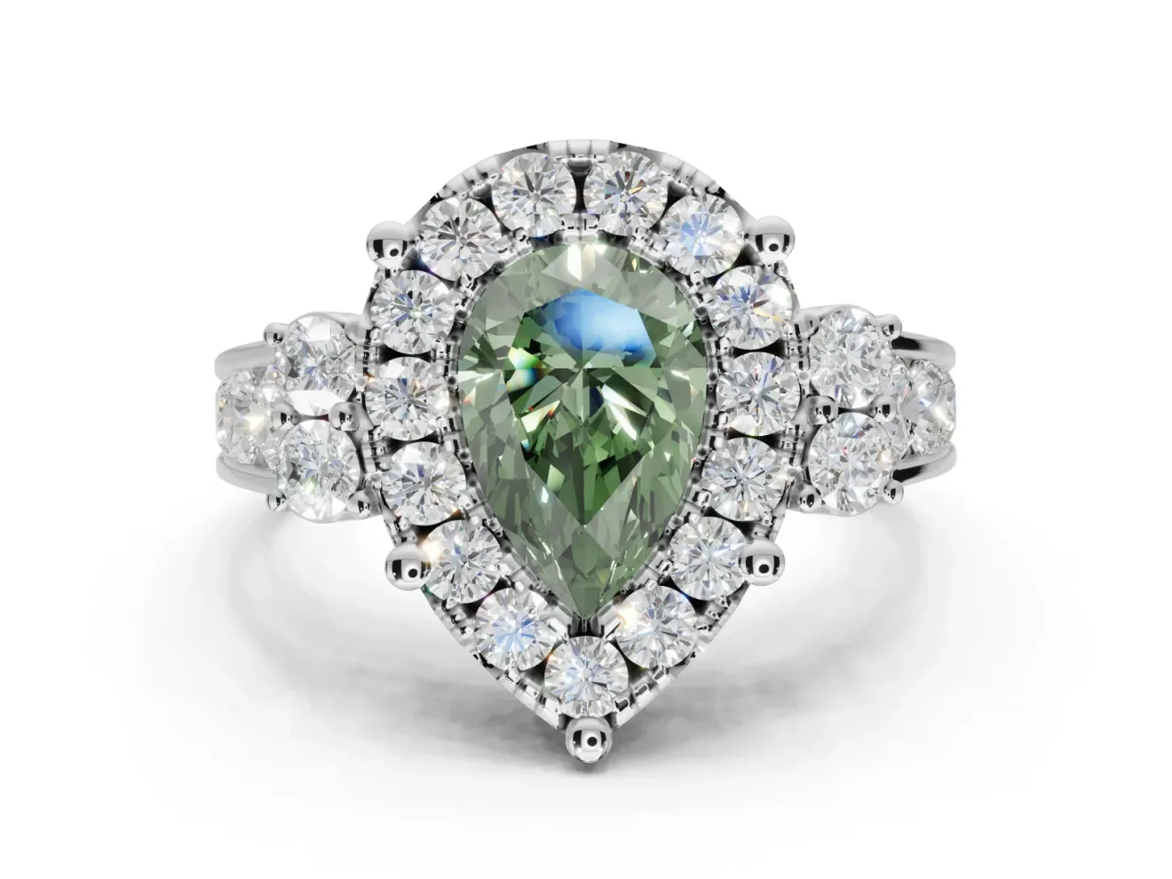 Pear-Shaped Halo Engagement Ring Setting for a Fancy Green Lab-Grown Diamond | Graduated Channel Band | Sterling Silver