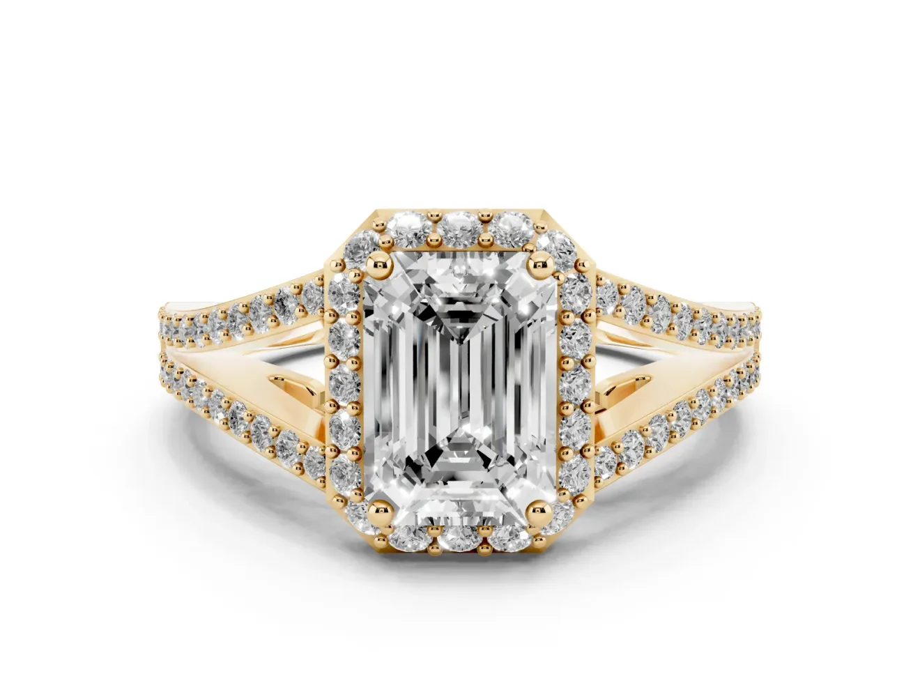 Emerald Cut Halo Engagement Ring Setting | V-Split Pavé Band | Yellow Gold