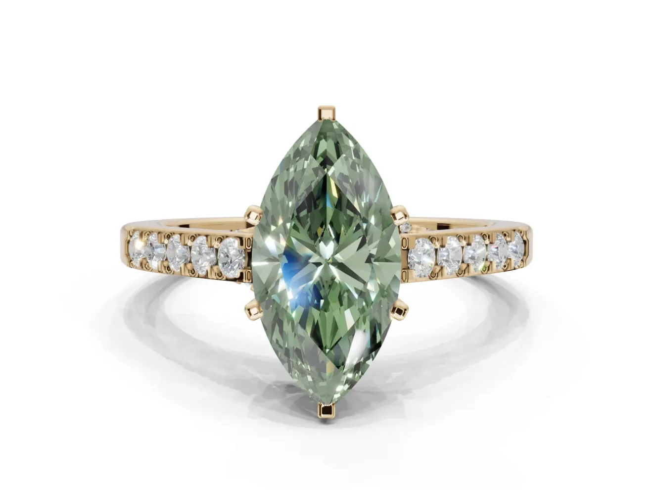 Marquise Pavé Solitaire Engagement Ring Setting for a Fancy Green Lab-Grown Diamond | Crossover Gallery | Yellow Gold
