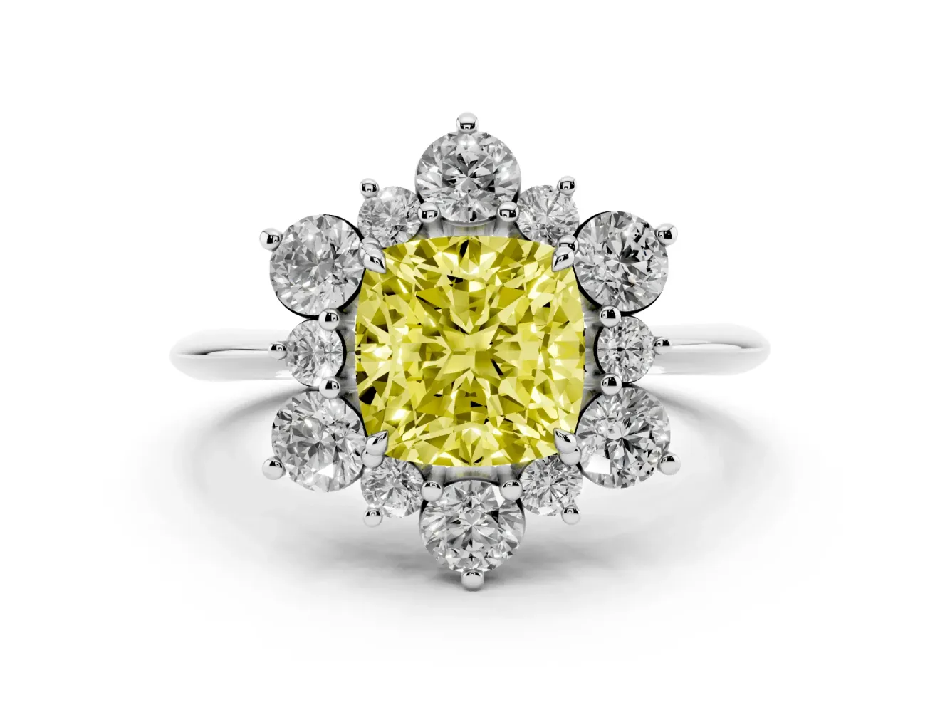 Fancy Yellow Cushion Cut Diamond Cluster Halo Ring Set in Silver with Solitaire Band and Prong Setting