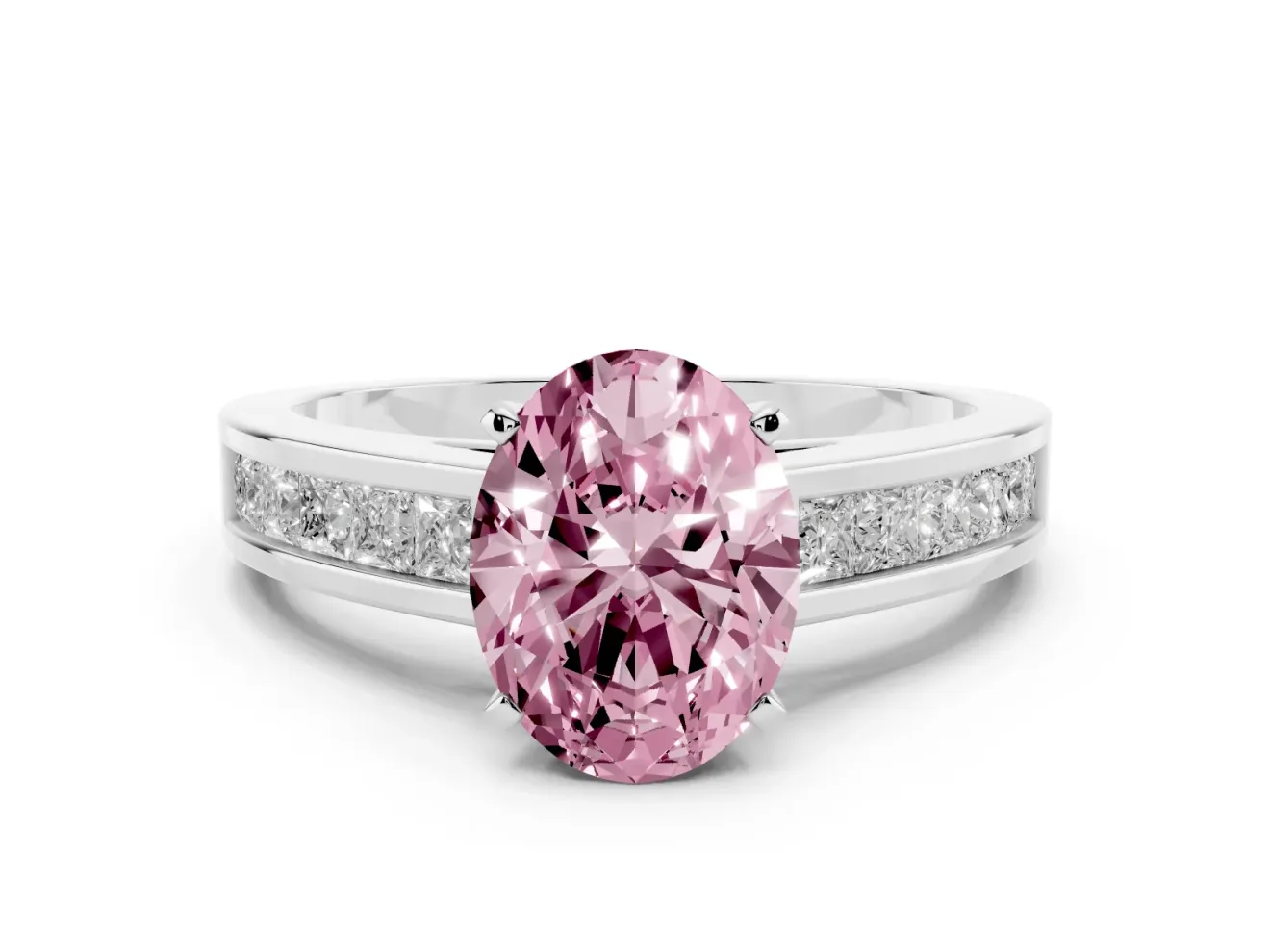 Fancy Pink Oval Cut Diamond Solitaire Ring Set in White gold with Channel-Set Band and Prong Setting