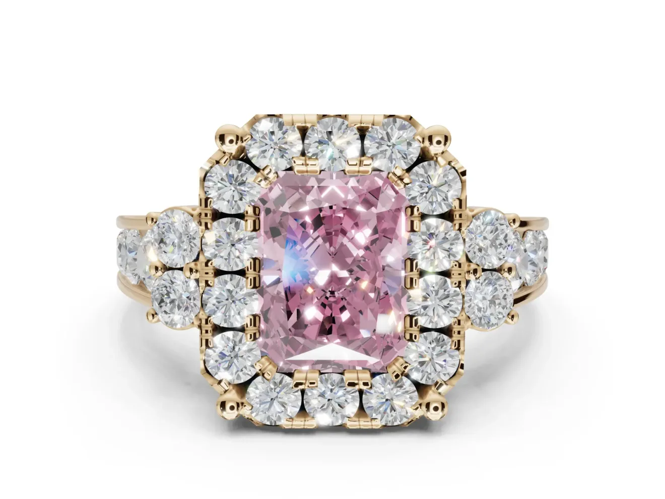 Radiant Cut Halo Engagement Ring Setting for a Fancy Pink Lab-Grown Diamond | Graduated Channel Band | Yellow Gold