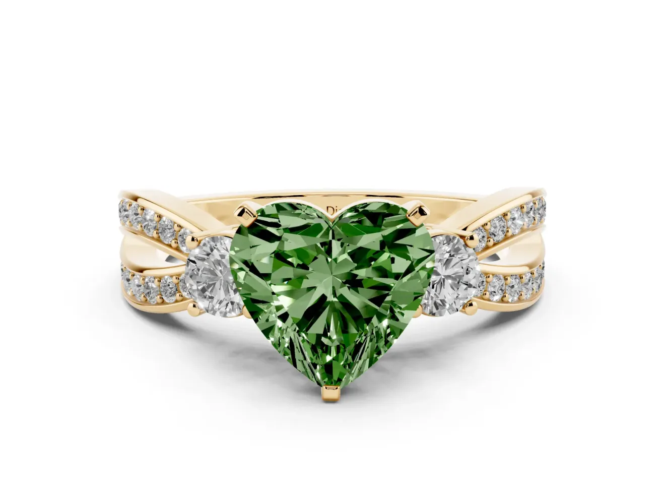 Heart-Shaped Three-Stone Twist Engagement Ring Setting for a Fancy Green Lab-Grown Diamond | Yellow Gold