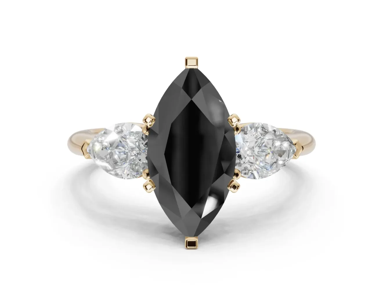 Marquise Three-Stone Engagement Ring Setting for a Black Center | Pear Side Stones | Yellow Gold