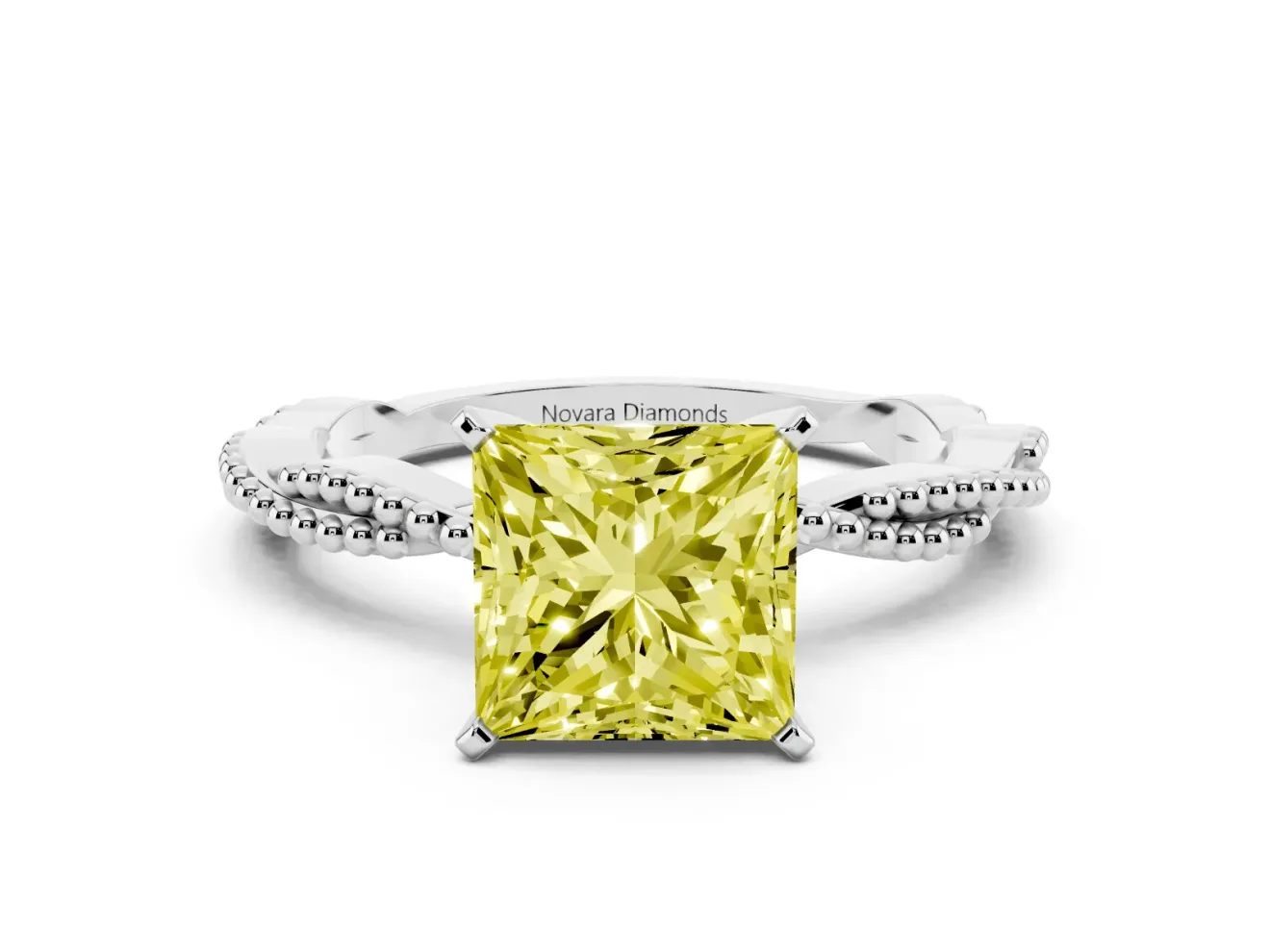 Fancy Yellow Princess Cut Diamond Solitaire Ring Set in Silver with Twisted Band and Bead Prong Setting