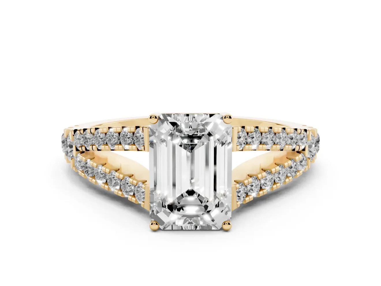 Emerald Cut Graduated Pave Split Shank Engagement Ring Setting | V Split Shoulders | Yellow Gold