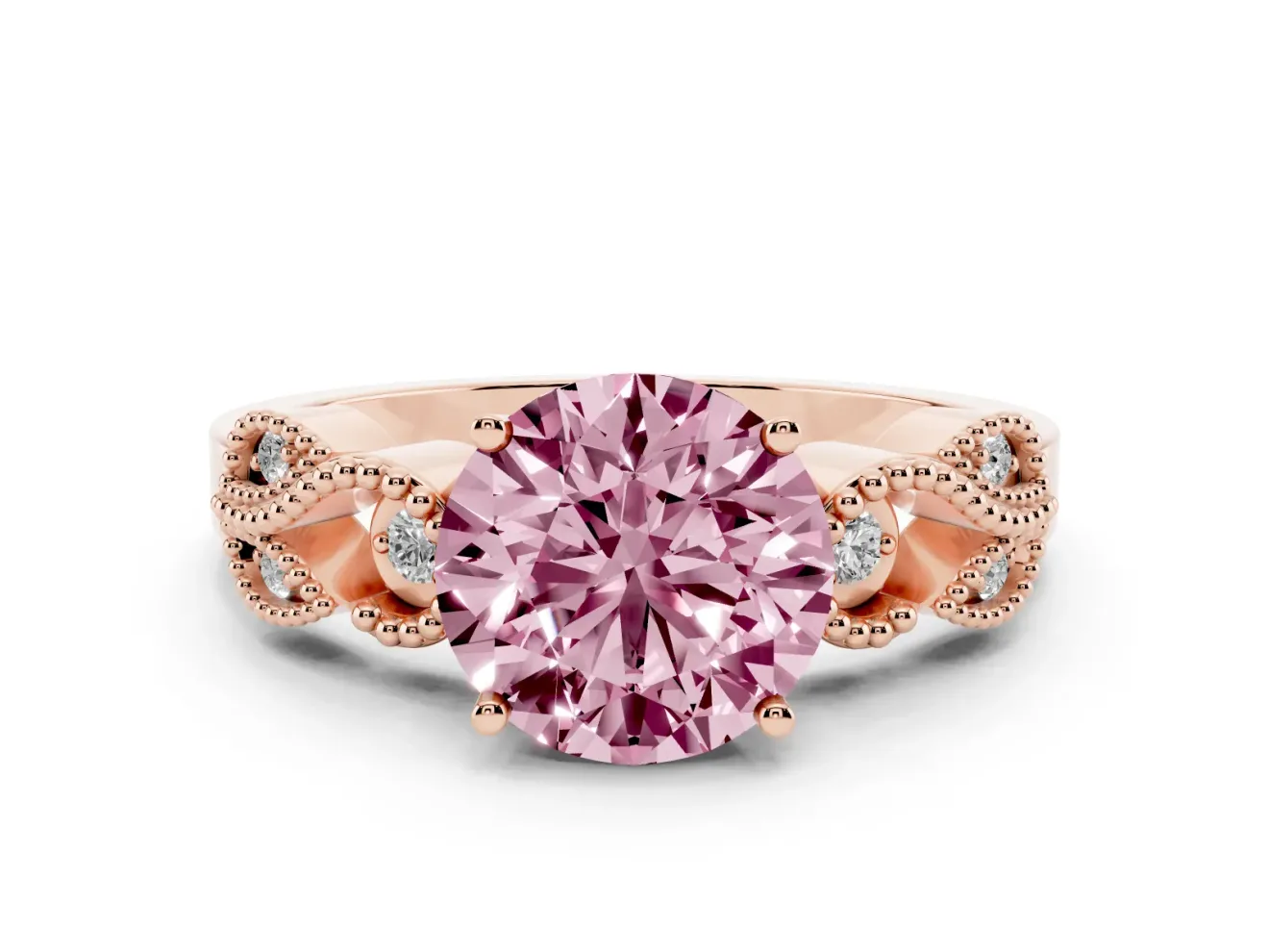 Round Vintage Leaf Solitaire Engagement Ring Setting for a Fancy Pink Lab-Grown Diamond | Rose Gold