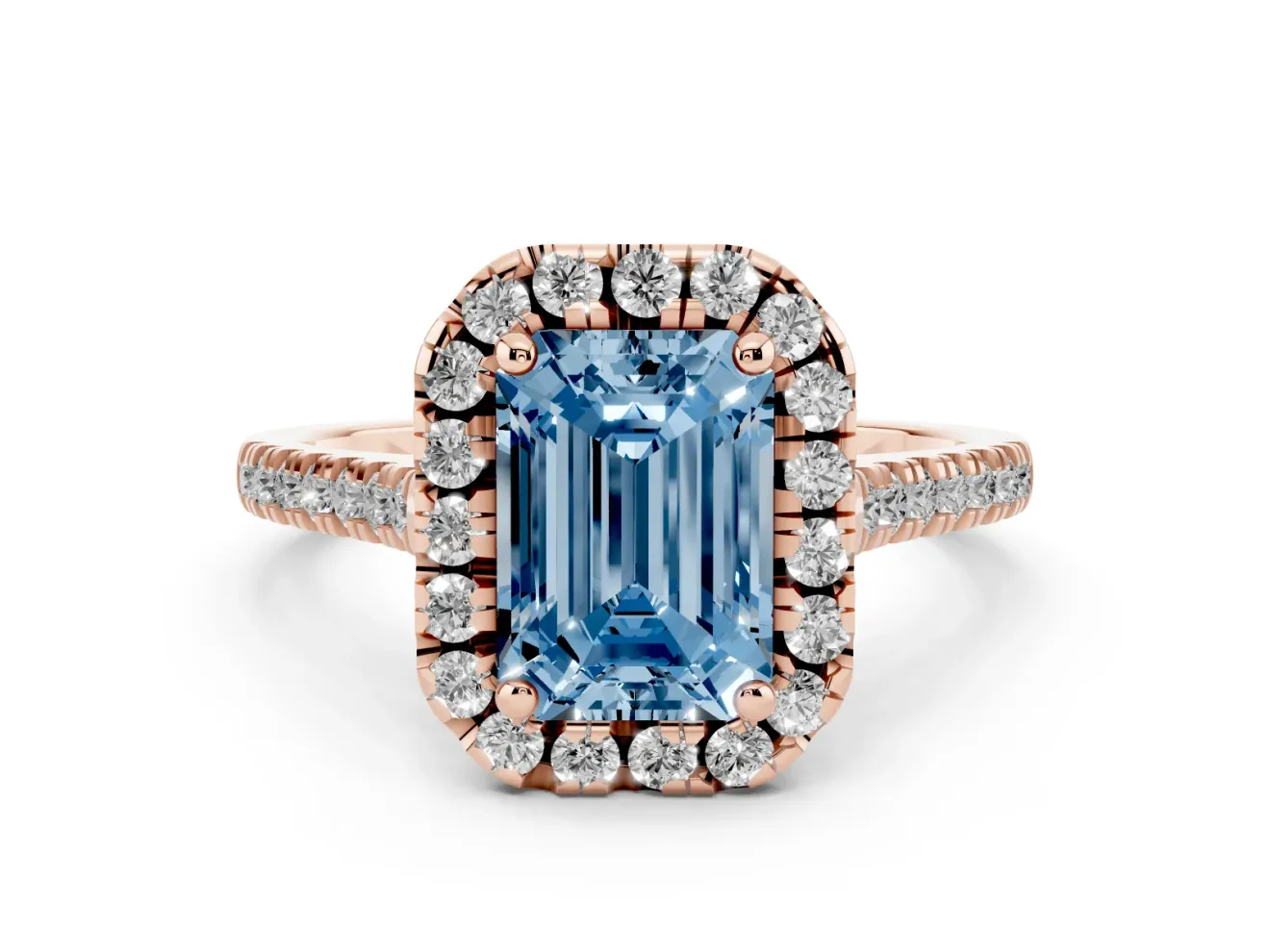 Emerald Cut Halo Engagement Ring Setting for a Fancy Blue Lab-Grown Diamond | Tapered Band | Rose Gold