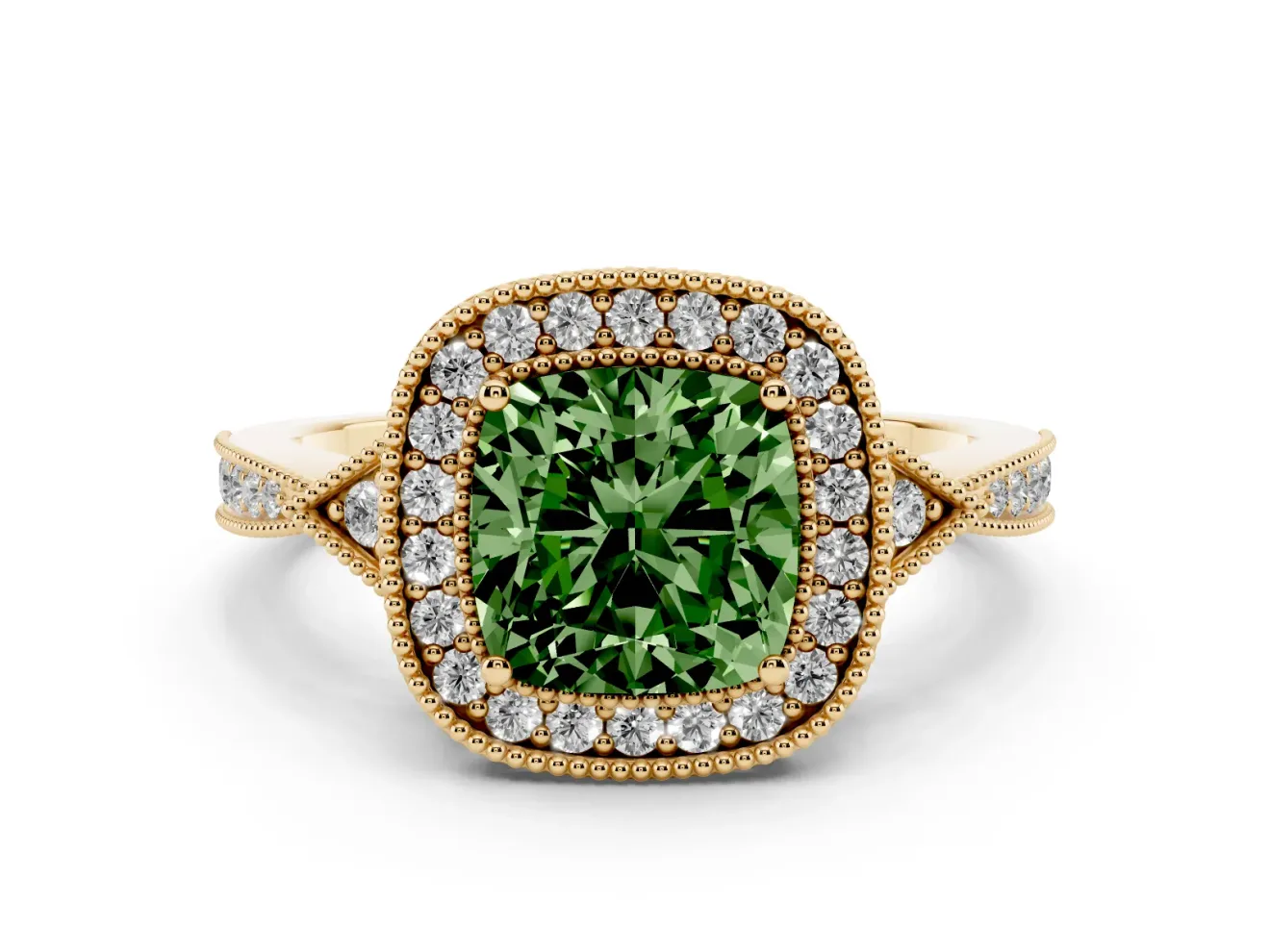 Cushion Cut Milgrain Halo Engagement Ring Setting for a Fancy Green Lab-Grown Diamond | Graduated Pavé | Yellow Gold