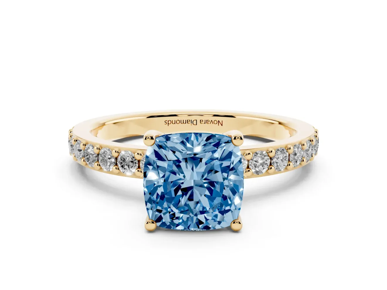 Cushion Cut Pavé Solitaire Engagement Ring Setting for a Fancy Blue Lab-Grown Diamond | Single Row Band | Yellow Gold