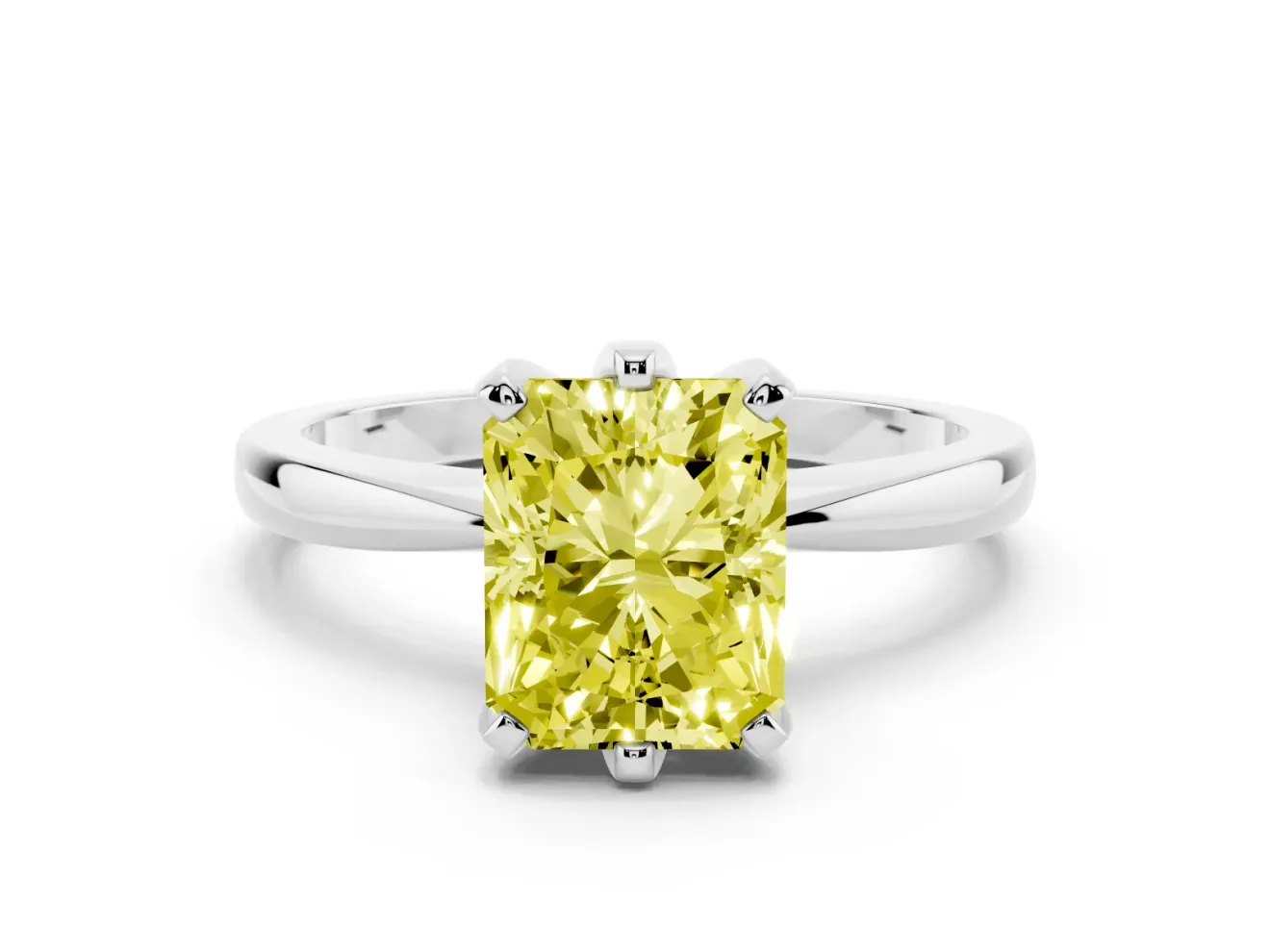 Fancy Yellow Radiant Cut Diamond Solitaire Engagement Ring Set in Silver with Slim Tapered Solitaire Band