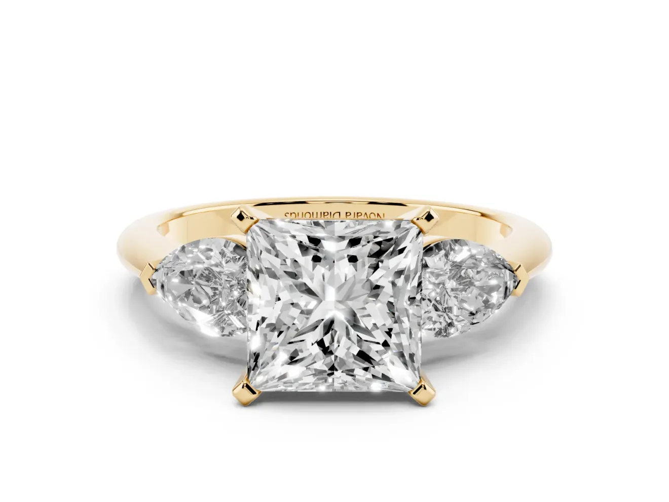 Princess Cut Three-Stone Engagement Ring Setting | Pear Side Stones | Yellow Gold