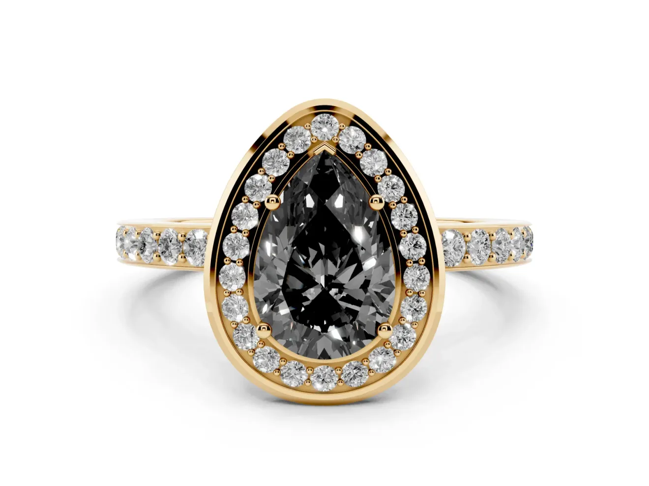 Pear-Shaped Bezel-Rim Halo Engagement Ring Setting for a Black Center | Pavé Band | Yellow Gold