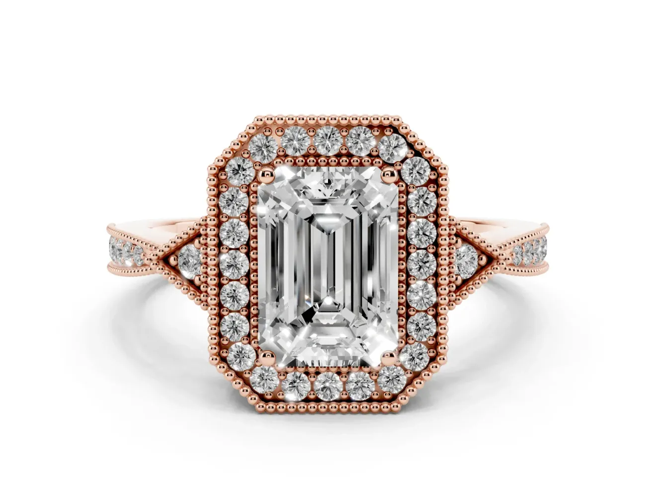 Emerald Cut Diamond Halo Engagement Ring Set in Rose gold with Milgrain Pavé Band