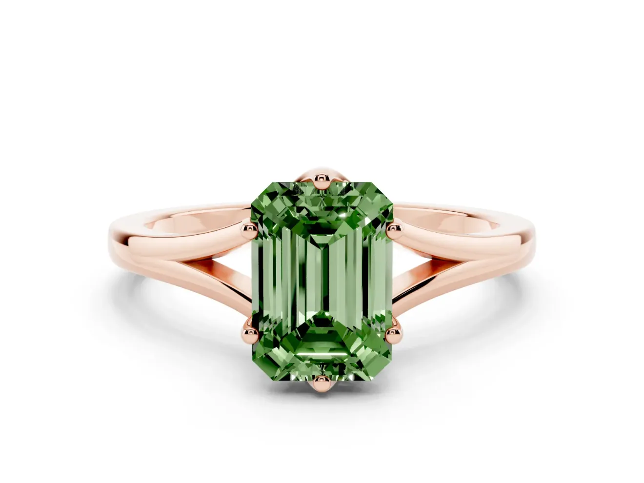 Fancy Green Emerald Cut Diamond Solitaire Ring Set in Rose gold with Polished Tapered Band and Prong Setting