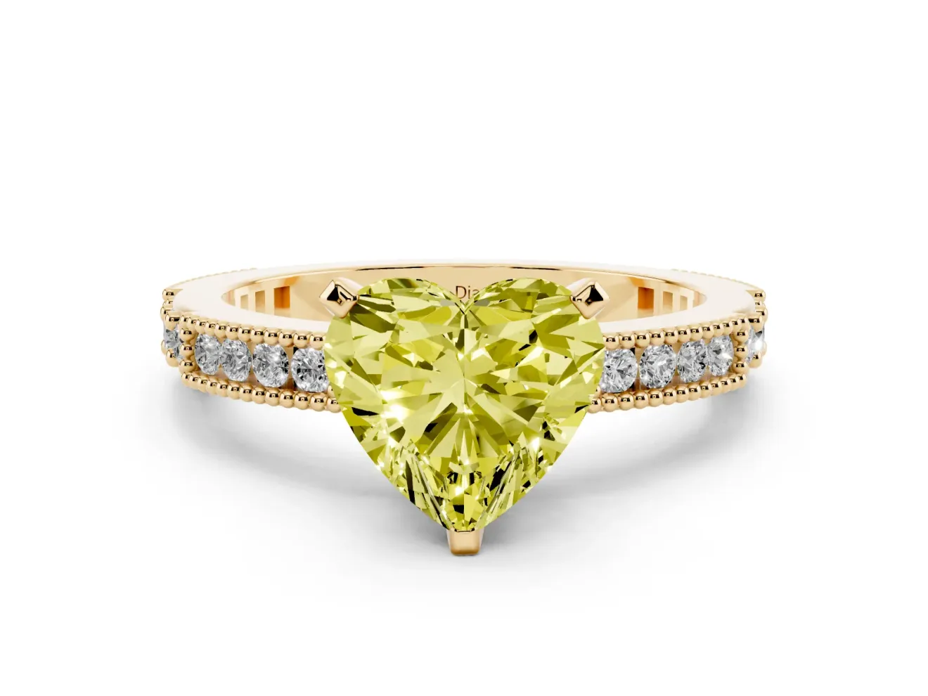 Fancy Yellow Heart Cut Diamond Solitaire Ring Set in Yellow gold with Slim Pavé Band and Prong Setting