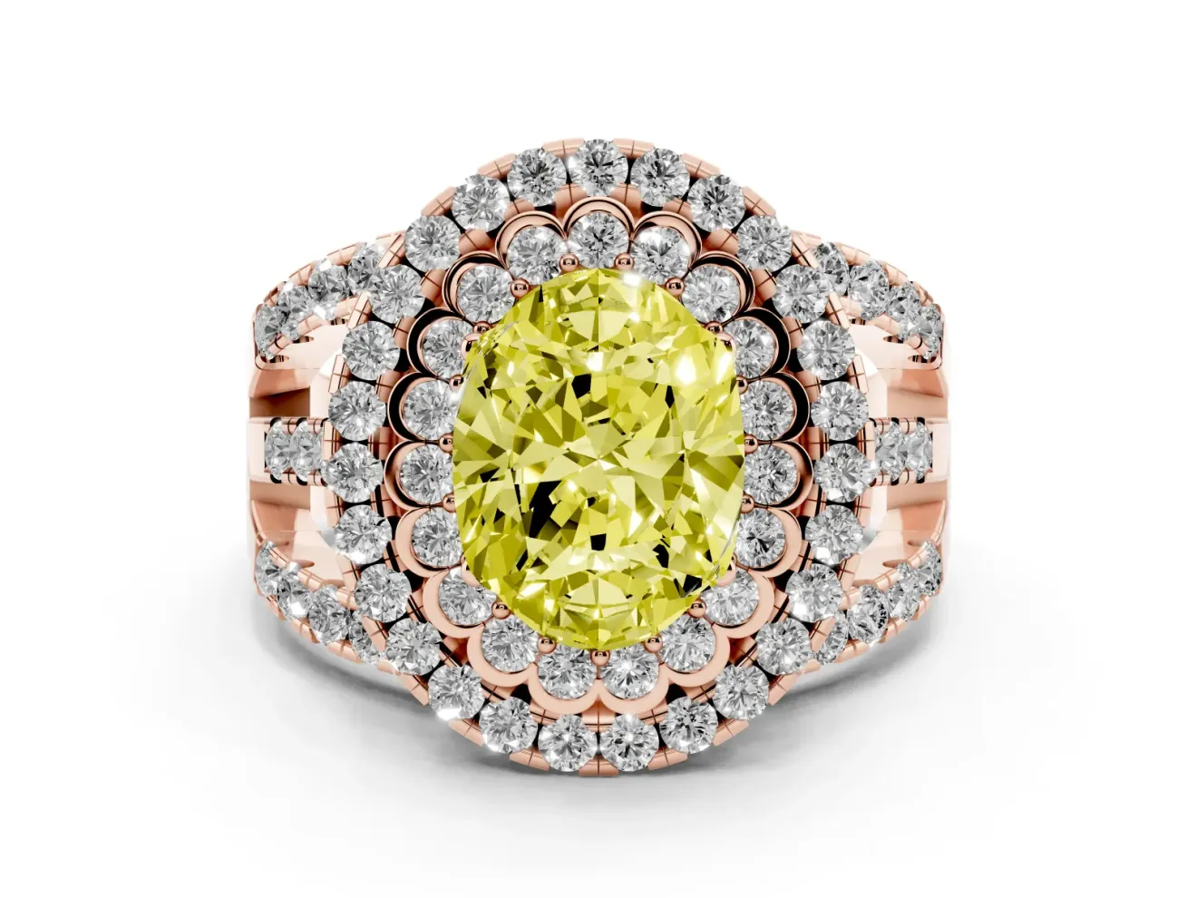 Oval Double Halo Split Shank Engagement Ring Setting for a Fancy Yellow Lab-Grown Diamond | Pave Strands | Rose Gold