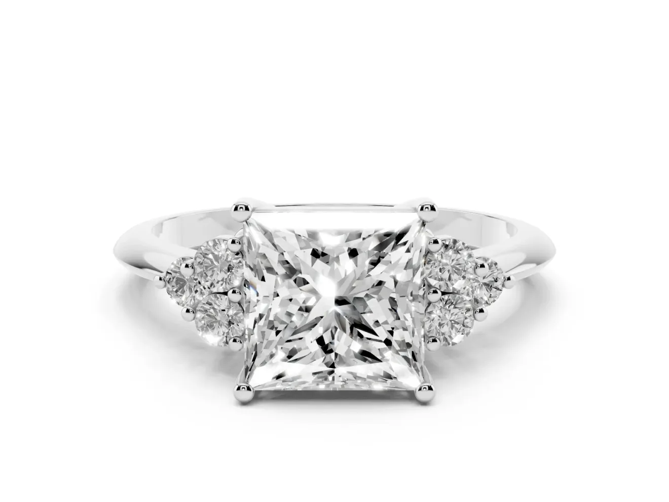 Princess Cut Cluster Accent Engagement Ring Setting | Plain Band | Platinum