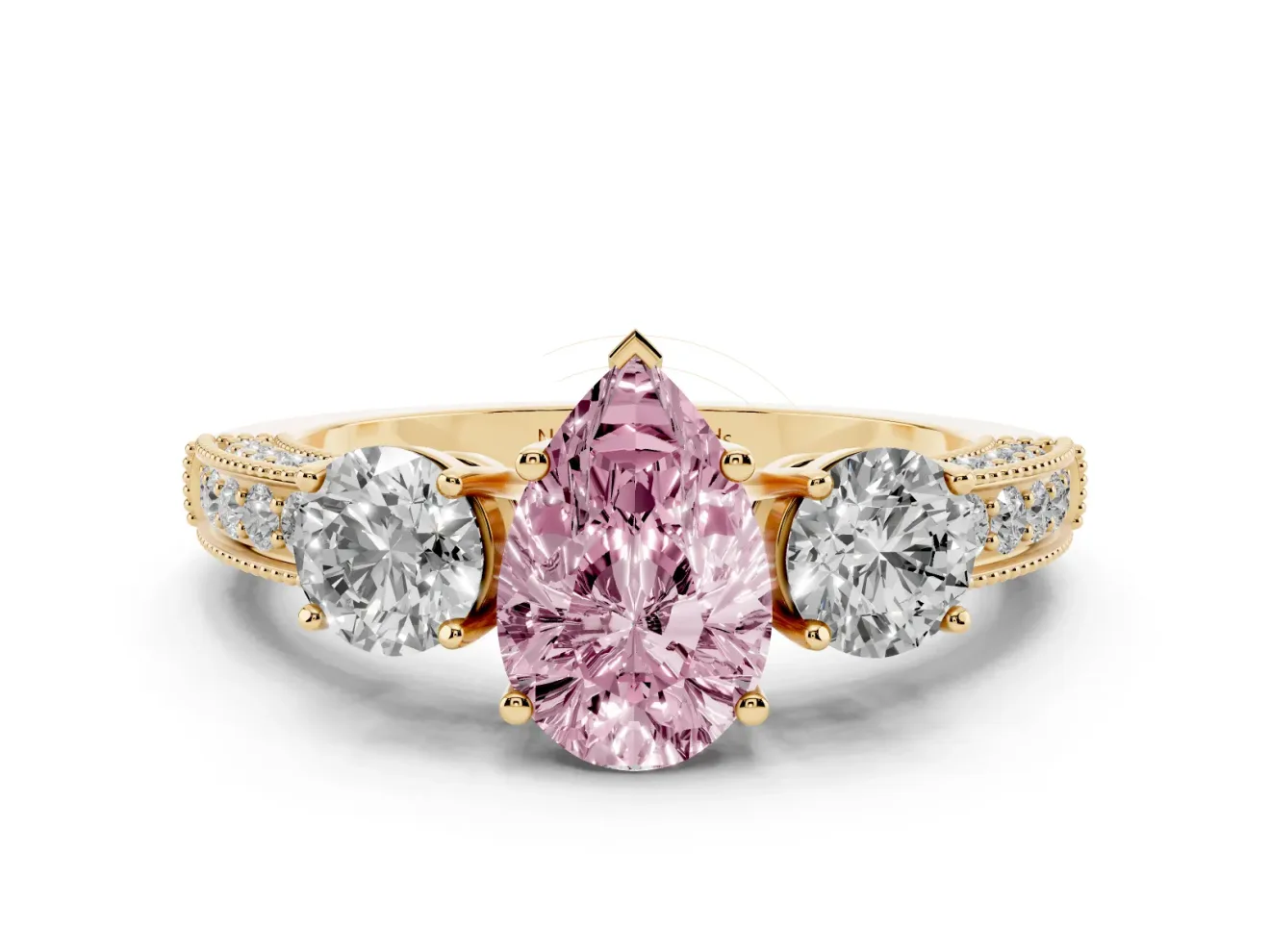 Pear-Shaped Three Stone Engagement Ring Setting for a Fancy Pink Lab-Grown Diamond | Graduated Pave Band | Yellow Gold