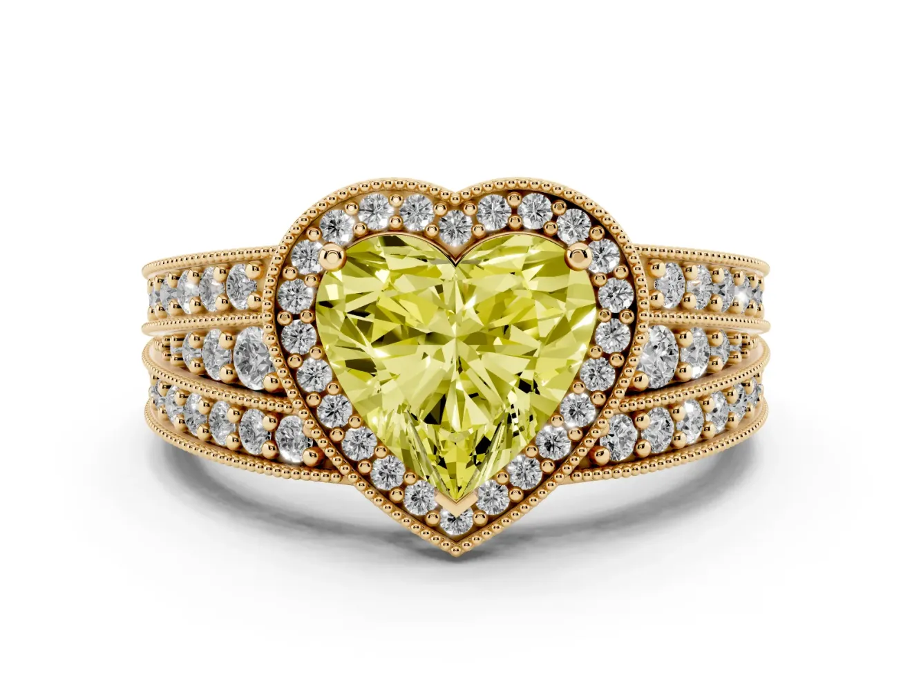Fancy Yellow Heart Cut Diamond Halo Ring Set in Yellow gold with Accent Split Shank and Prong Setting