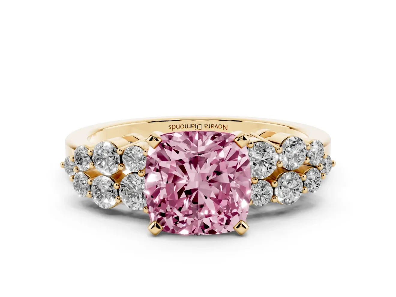 Cushion Cut Side Stone Engagement Ring Setting for a Fancy Pink Lab-Grown Diamond | Shoulder Clusters | Yellow Gold