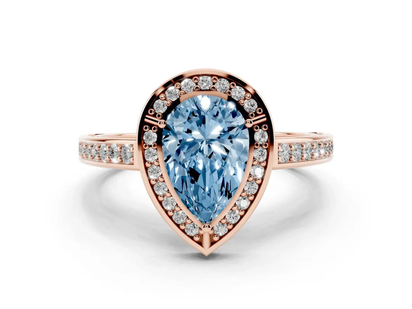 Fancy Blue Pear Cut Diamond Halo Pavé Split Shank Ring Set in Rose gold with Prong Setting