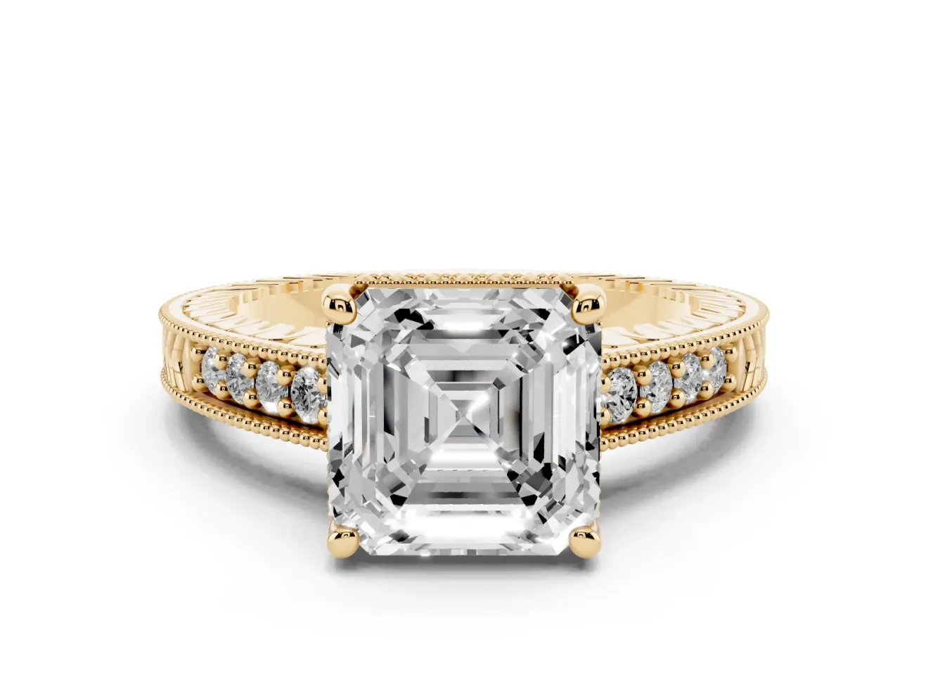 Asscher Cut Vintage Engraved Solitaire Engagement Ring Setting | Milgrain Pavé | Yellow Gold