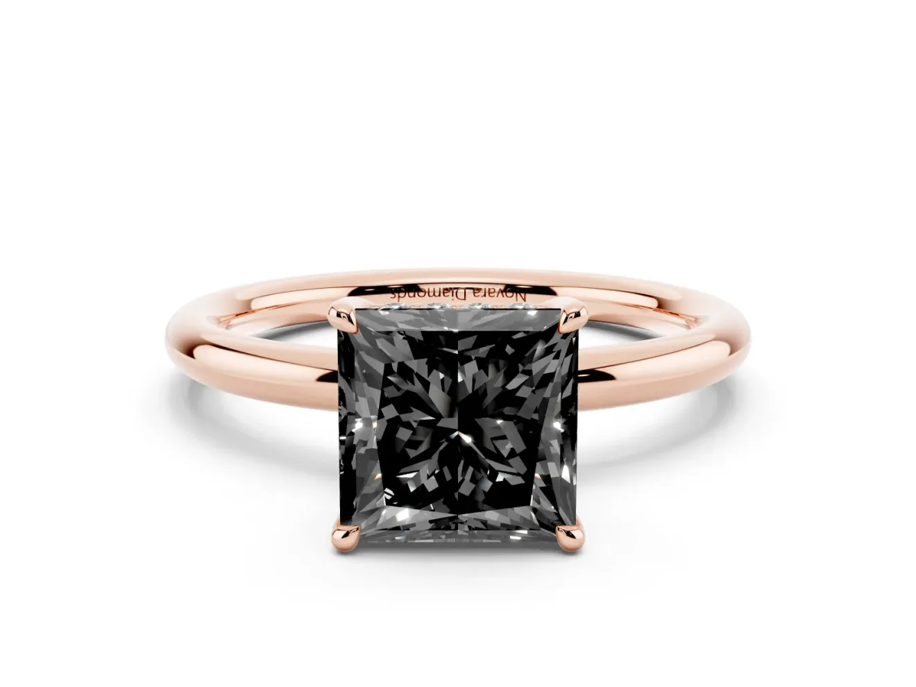 Fancy Black Princess Cut Diamond Solitaire Ring Set in Rose gold with Thin Band and Prong Setting
