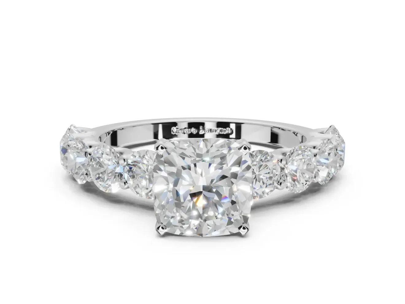 Cushion Cut Side Stone Engagement Ring Setting | Scalloped Prong Accents | Platinum