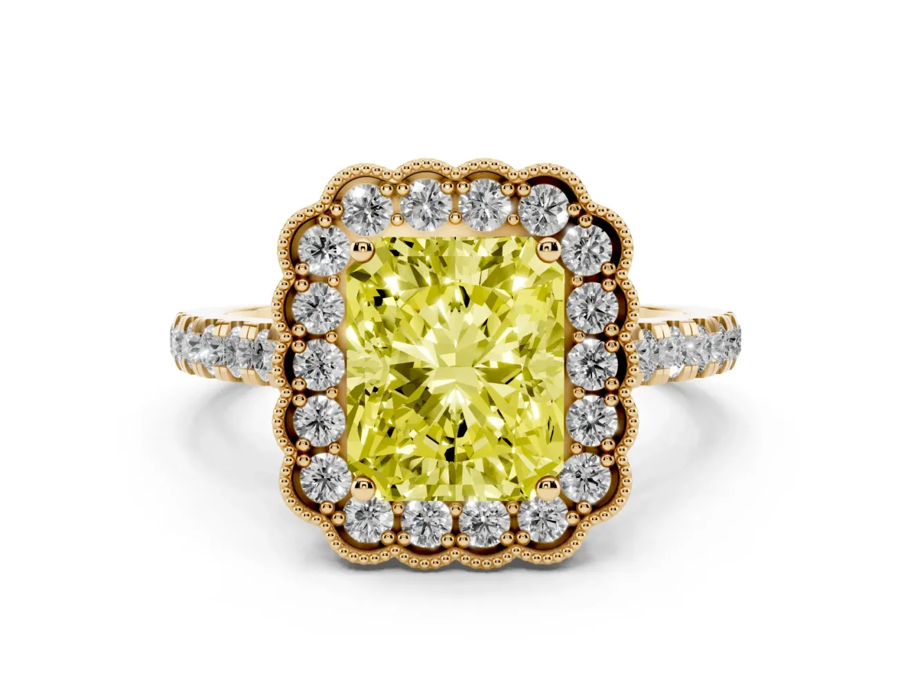 Fancy Yellow Radiant Cut Diamond Milgrain Floral Halo Engagement Ring Set in Yellow gold with Pavé Band