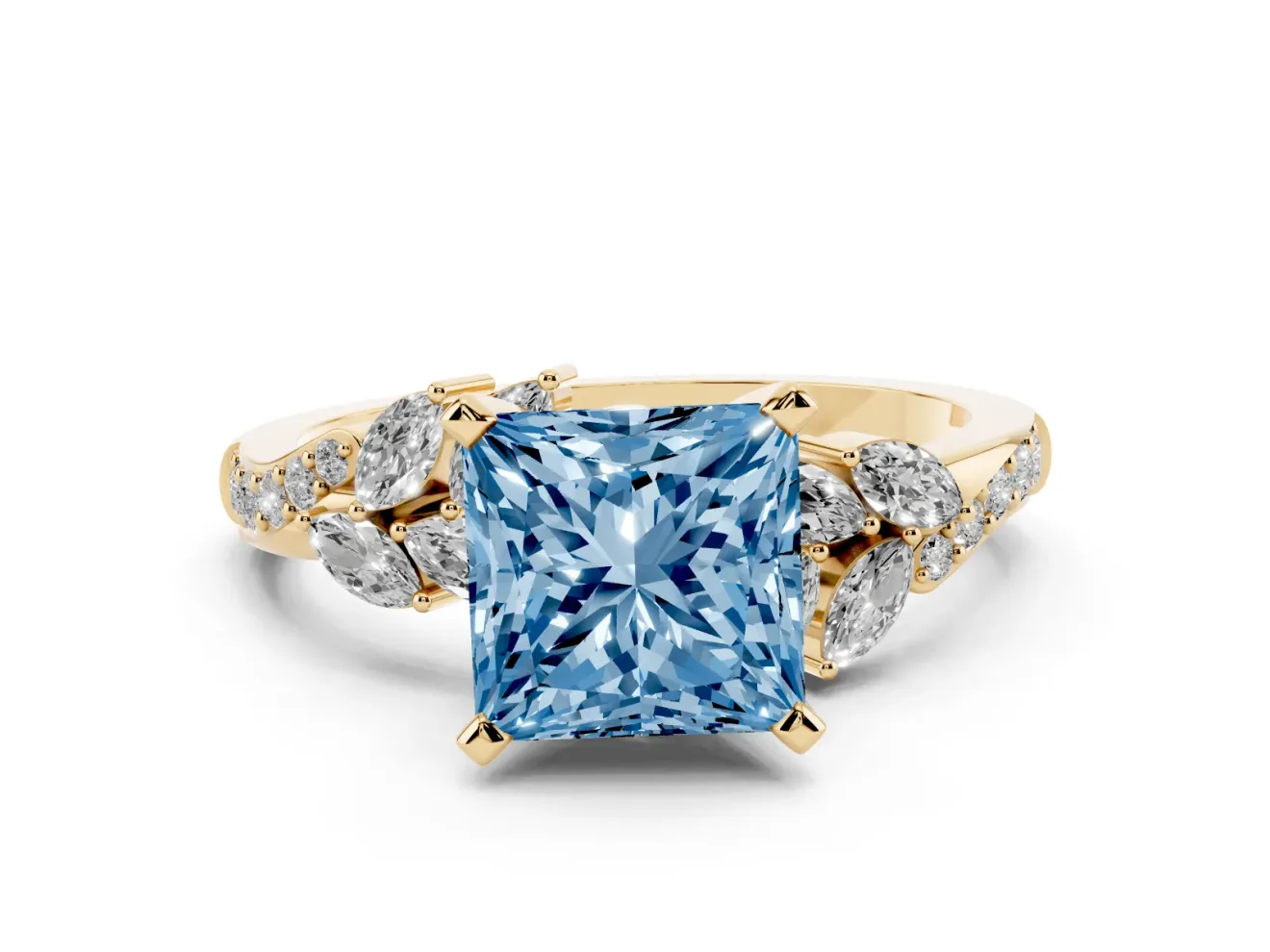 Fancy Blue Princess Cut Diamond Solitaire Ring Set in Yellow gold with Marquise Twist Band and Prong Setting