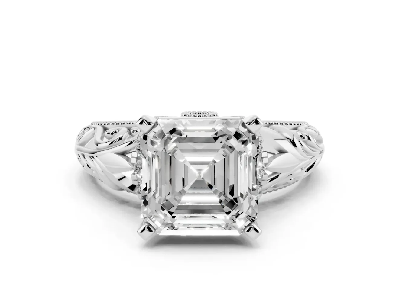 Asscher Cut Diamond Filigree Halo Engagement Ring Set in White gold with Prong Setting