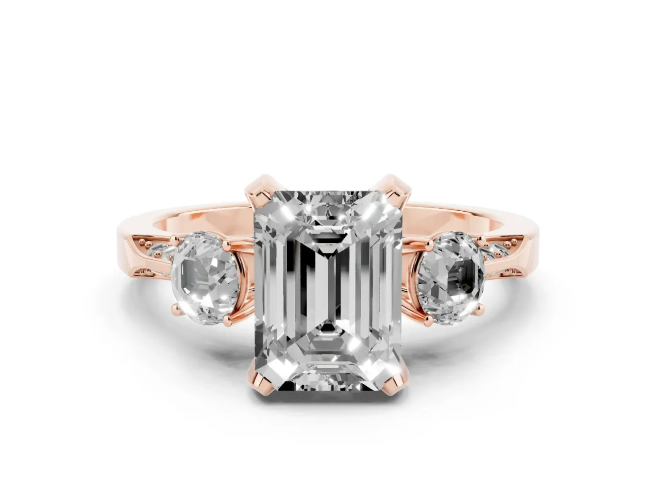 Emerald Cut Hidden Halo Three Stone Engagement Ring Setting for a Fancy Green Lab-Grown Diamond | Rose Gold