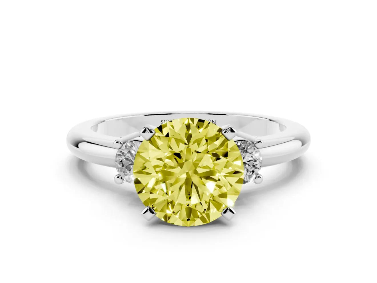 Fancy Yellow Three-Stone Round Cut Diamond Ring Set in White gold with Prong Setting and Plain Band