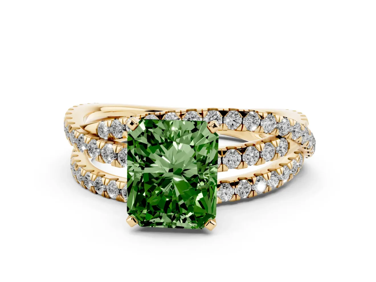 Radiant Cut Twisted Pavé Engagement Ring Setting for a Fancy Green Lab-Grown Diamond | Yellow Gold