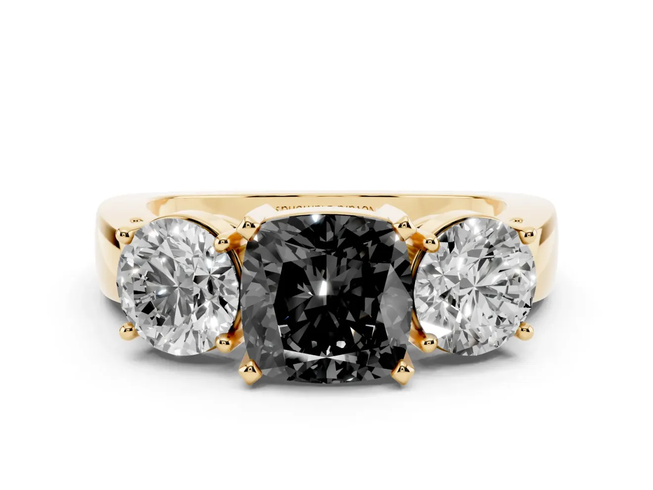 Cushion Cut Three Stone Engagement Ring Setting for a Black Center | Round Side Stones | Yellow Gold