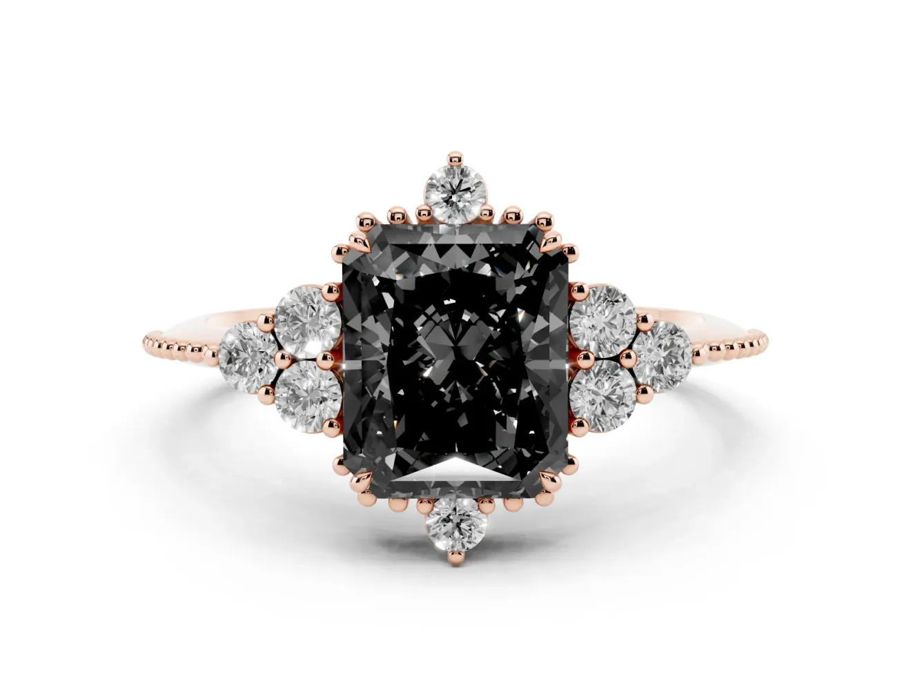 Fancy Black Radiant Cut Diamond Cluster Ring Set in Rose gold with Beaded Band