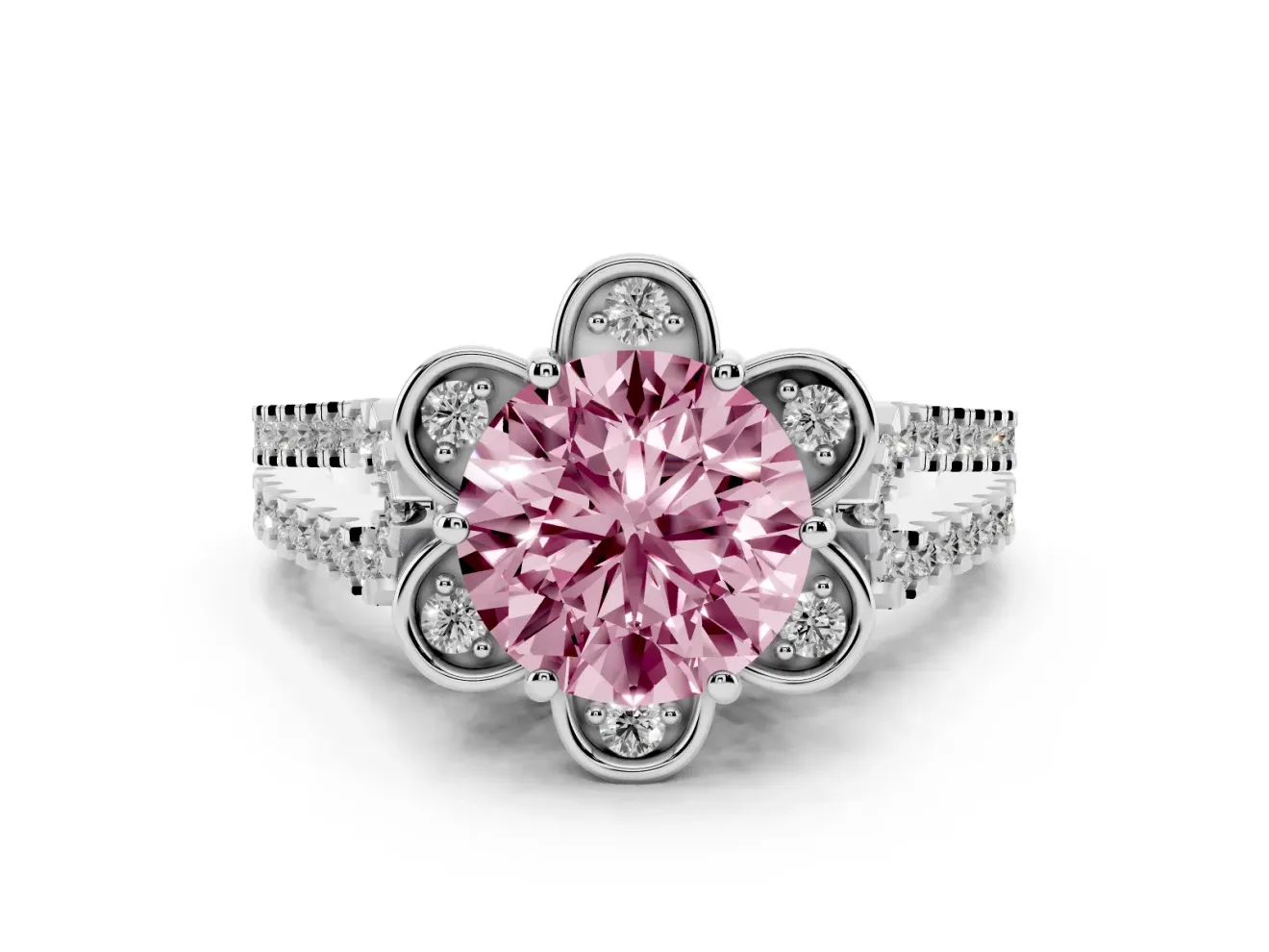 Round Floral Halo Engagement Ring Setting for a Fancy Pink Lab-Grown Diamond | Pavé Split Shank | Sterling Silver