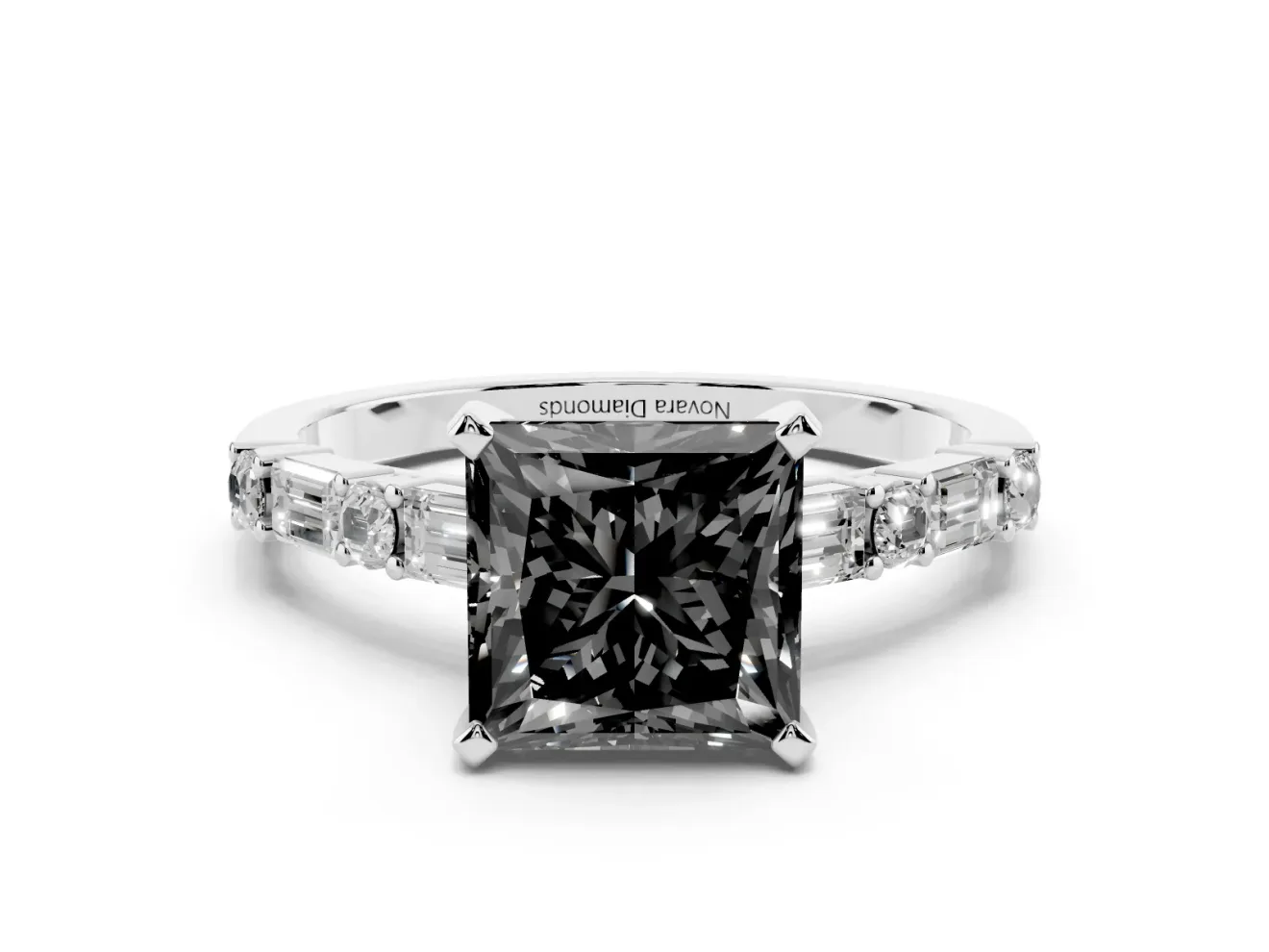 Princess Cut Baguette Side Stone Engagement Ring Setting for a Black Center | Sterling Silver