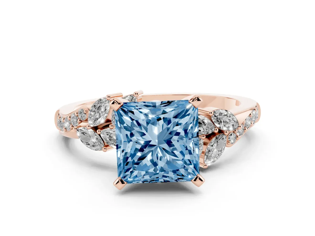 Fancy Blue Princess Cut Diamond Solitaire Ring Set in Rose gold with Marquise Twist Band and Prong Setting