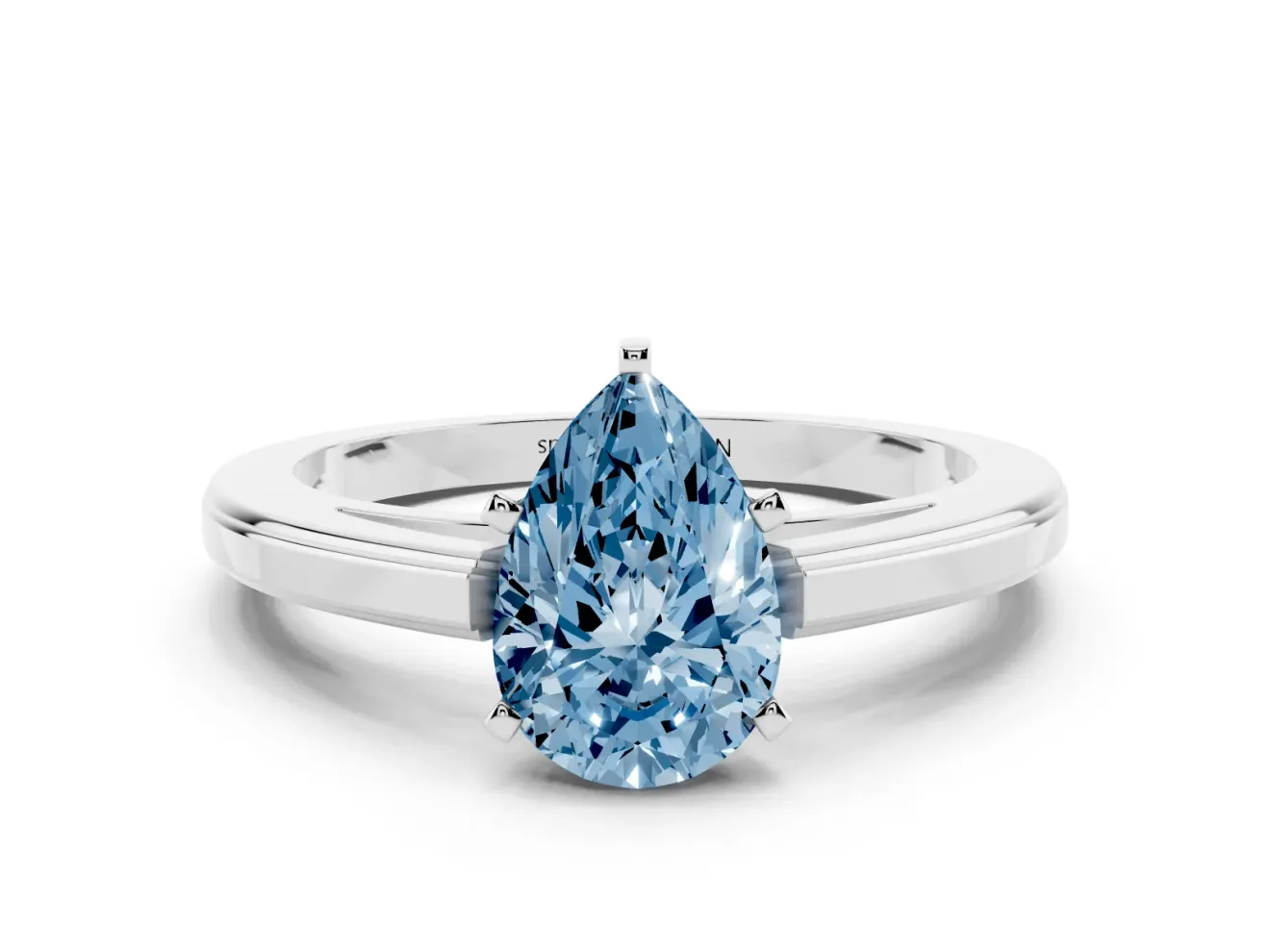 Fancy Blue Pear Cut Diamond Solitaire Ring Set in Platinum with Prong Setting and Classic Band